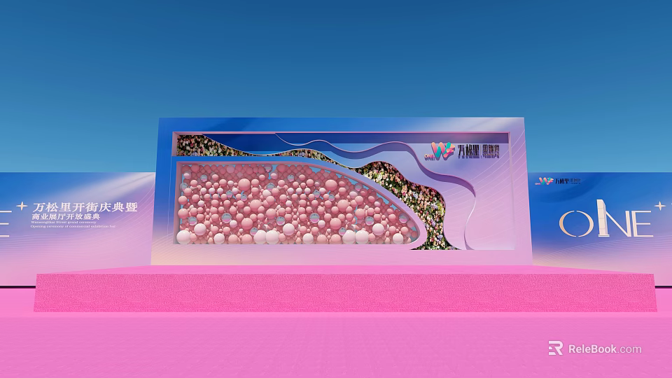 Vibrant Stage Design With Pink Decorative Balls And Blue Background Lighting 3d model 