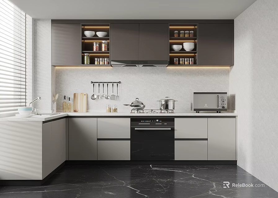 Modern Kitchen With Upper Lower Cabinets White Countertop And Appliances 3d model 