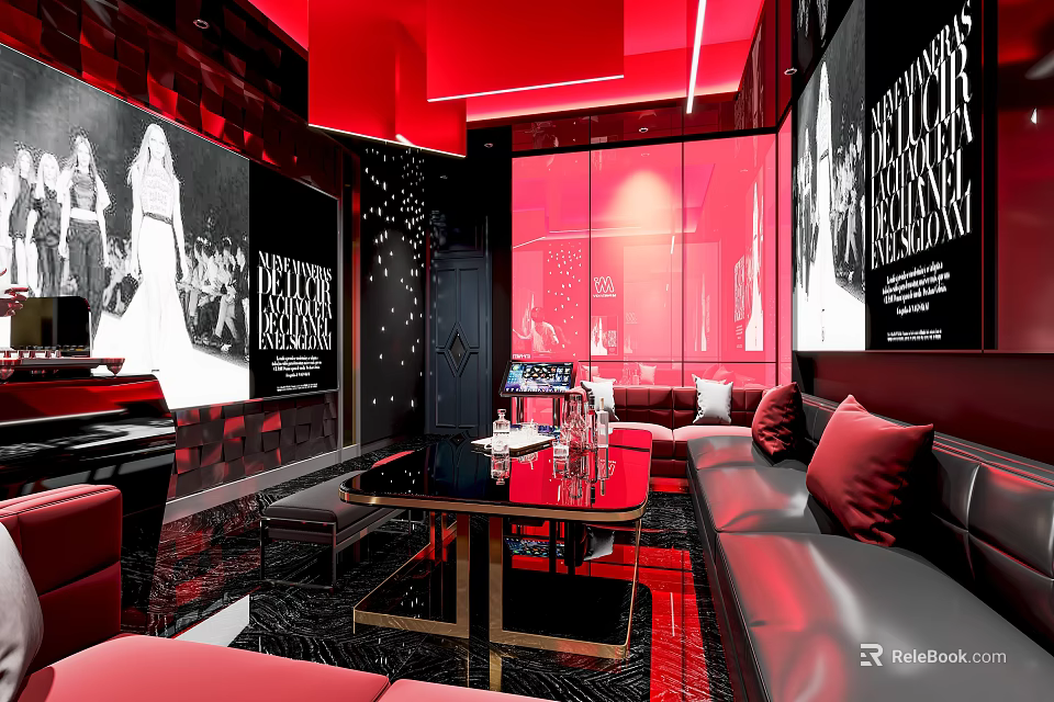 Red Black Themed KTV Interior With Modern Sofa And Lighting Decor 3d model 