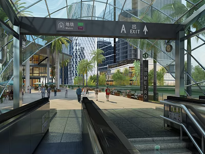Modern Open Station with Glass Roof Escalators Palm Trees and Pedestrians Near Tall Buildings 3d model