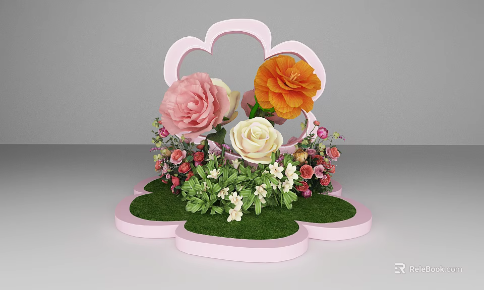 Floral Display With Pink Frame Green Grass And Colorful Flowers Decoration 3d model 