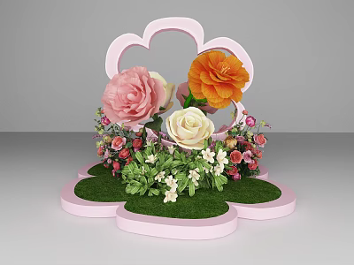 Floral Display With Pink Frame Green Grass And Colorful Flowers Decoration 3d model