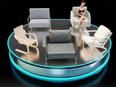 Stylish Modern Stools with Different Colors on Circular Display Platform Woman Sitting 3d model