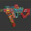 Vibrant Toy Gun Featuring Red Blue Colors and Chips Can Attachment with Destroy Trouble Text