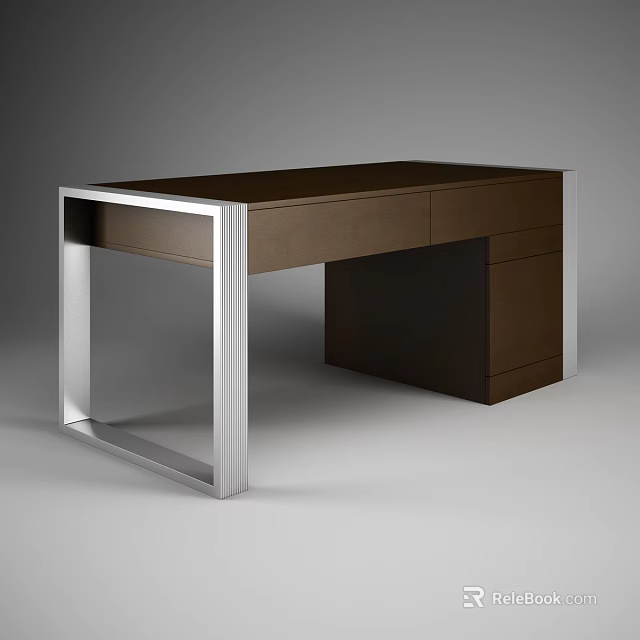 Modern Office Desk With Wooden Top And Metal Frame Featuring Drawers 3d model 
