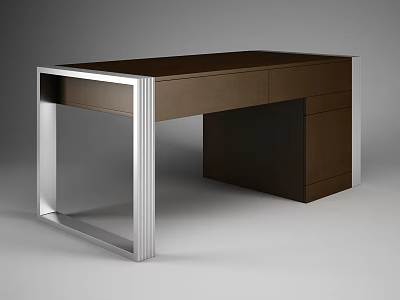 Modern Office Desk With Wooden Top And Metal Frame Featuring Drawers 3d model