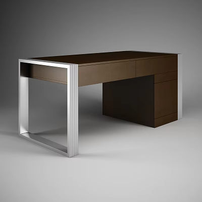 Modern Office Desk With Wooden Top And Metal Frame Featuring Drawers 3d model