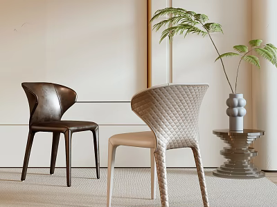 Modern Leisure Chairs in Brown and Beige with Woven Texture and Side Table Plant 3d model