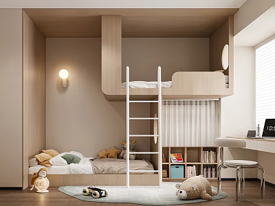 Kids Room With Wooden Loft Bed Ladder Desk Chair Bookshelf Stuffed Toys And Rug 3d model