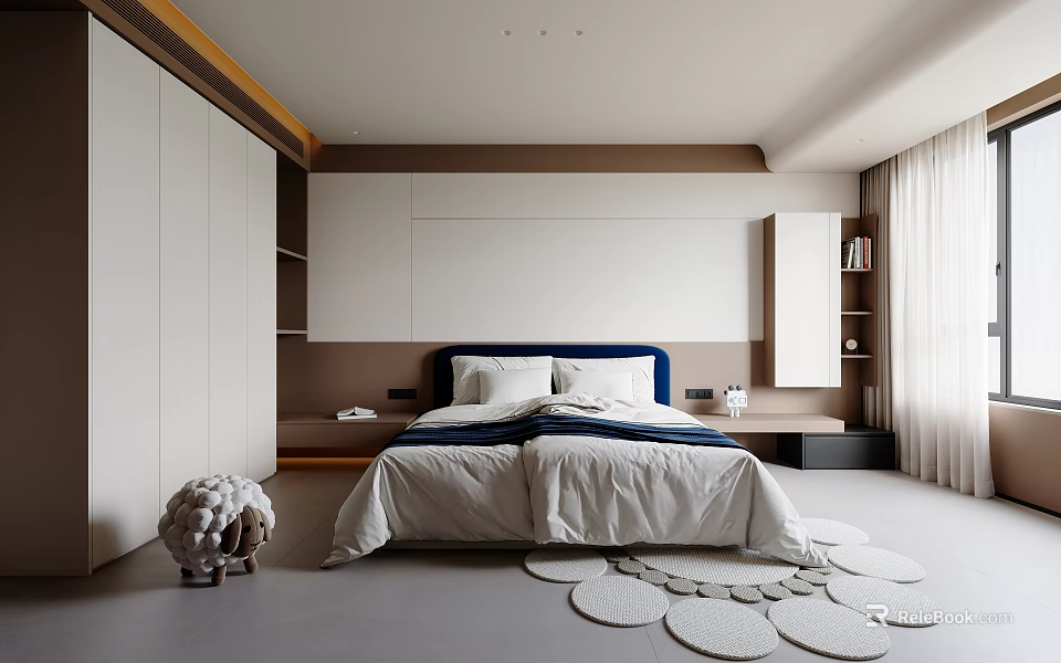 Modern Bedroom Interior Design With Large Bed Blue Headboard Circular Rugs And Wardrobe 3d model 