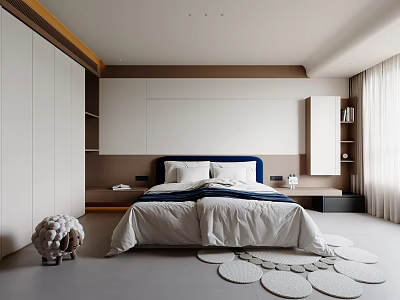 Modern Bedroom Interior Design With Large Bed Blue Headboard Circular Rugs And Wardrobe 3d model