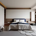 Modern Bedroom Interior Design With Large Bed Blue Headboard Circular Rugs And Wardrobe