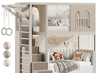 Modern Light Bunk Bed With Upper Ladder Lower Seating Decorative Rings and Bird Wall Art 3d model