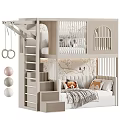 Modern Light Bunk Bed With Upper Ladder Lower Seating Decorative Rings and Bird Wall Art