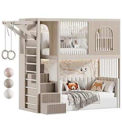 Modern Light Bunk Bed With Upper Ladder Lower Seating Decorative Rings and Bird Wall Art 3d model