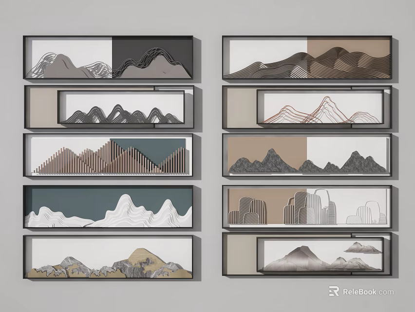 Modern Mountain Wall Art With Multiple Framed Geometric And Natural Designs 3d model