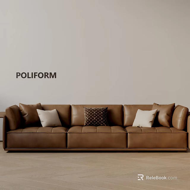 POLIFORM Brown Leather Three Seater Sofa With Decorative Pillows In Living Room 3d model 