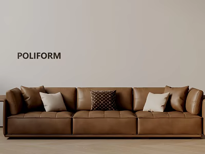 POLIFORM Brown Leather Three Seater Sofa With Decorative Pillows In Living Room 3d model