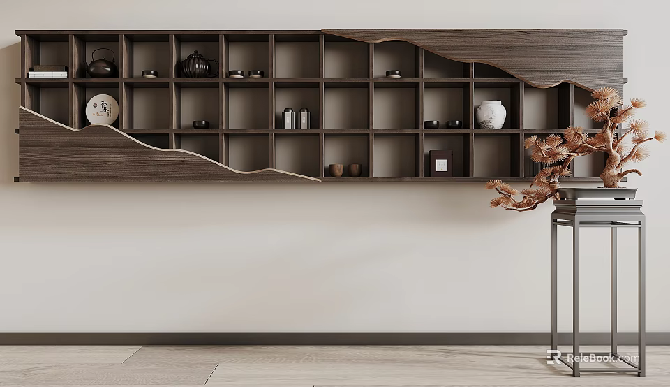 Traditional Wooden Display Shelf with Multiple Compartments Showcasing Teapots Teacups Vase and Decorative Plate 3d model 