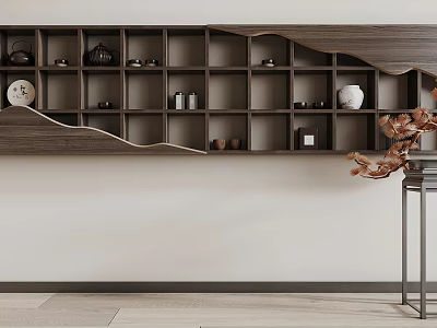Traditional Wooden Display Shelf with Multiple Compartments Showcasing Teapots Teacups Vase and Decorative Plate 3d model