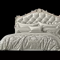 Luxurious Double Bed With Carved Upholstered Headboard And Light Colored Bedding 3d model