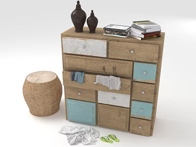 Cozy Wooden Dresser With Multicolored Drawers Vases Books Wicker Stool And Clothes 3d model