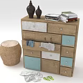 Cozy Wooden Dresser With Multicolored Drawers Vases Books Wicker Stool And Clothes