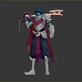 Man In Silver Armor With Blue Hair Holding Scythe And Purple Cloak