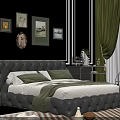 Background Double Bed With Tufted Leather Headboard Green Pillows And Checkered Rug In Bedroom Interior