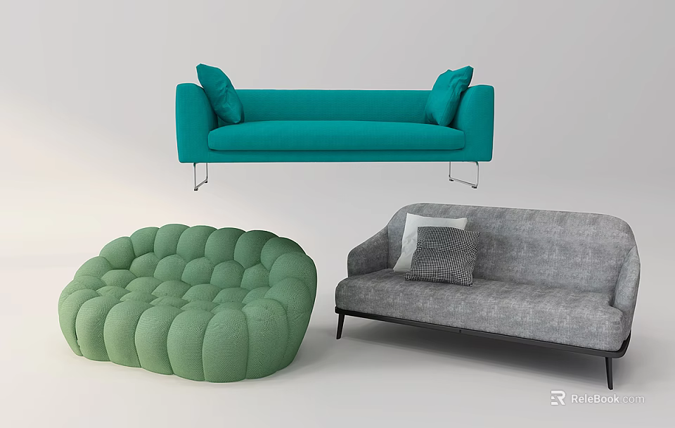 Modern Sofa Set Featuring Turquoise Green Gray Sofas With Bubble Design Cushions And Metal Legs 3d model