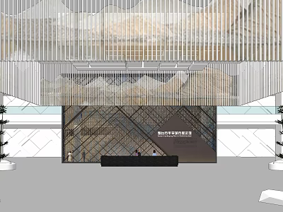 Modern Lobby Interior With Reception Desk Grille Ceiling And Background Wall 3d model