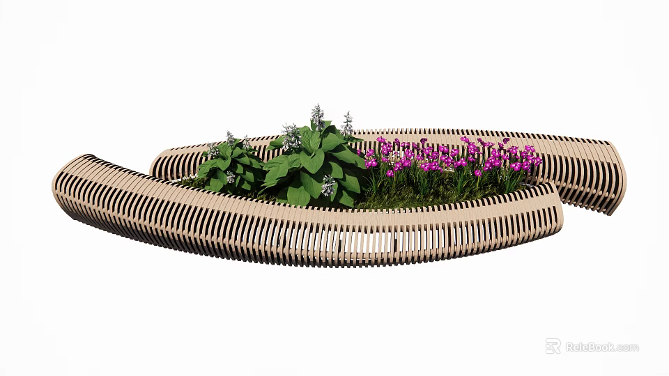 Outdoor Wooden Curved Landscape Seat With Green Plants And Purple Flowers 3d model 