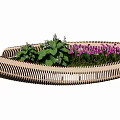 Outdoor Wooden Curved Landscape Seat With Green Plants And Purple Flowers