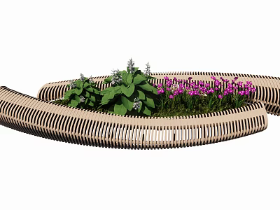 Outdoor Wooden Curved Landscape Seat With Green Plants And Purple Flowers 3d model