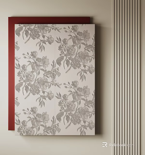 Decorative Botanical Floral Painting with Gray Floral Pattern on Beige Background and Vertical Striped Wall 3d model 