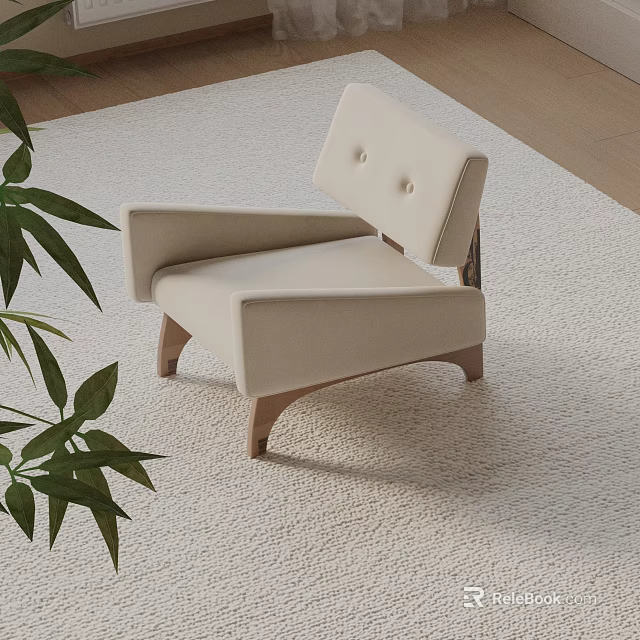 Beige Fabric Modern Accent Chair With Wooden Legs Green Plant On Soft Indoor Carpet 3d model 