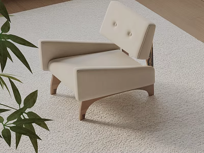 Beige Fabric Modern Accent Chair With Wooden Legs Green Plant On Soft Indoor Carpet 3d model
