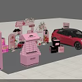 Pink Art Installation For Shanghai Volkswagen Exhibition Booth With Floral Decorations And Red Car