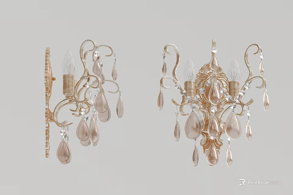 Elegant Vintage Wall Sconces With Crystal Pendants And Gold Curved Frame 3d model 