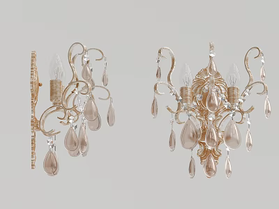 Elegant Vintage Wall Sconces With Crystal Pendants And Gold Curved Frame 3d model