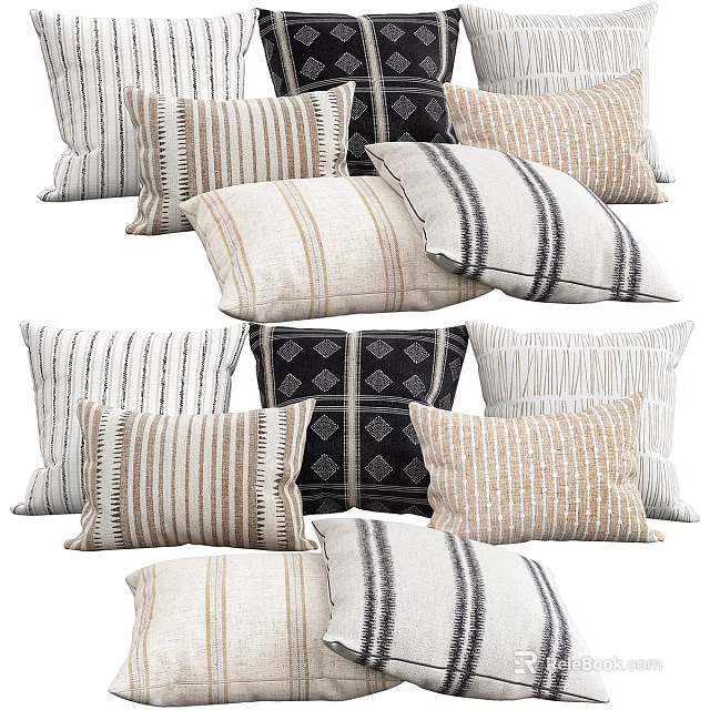 Decorative Throw Pillows Featuring Striped And Geometric Patterns In Neutral Beige Black White Tones 3d model