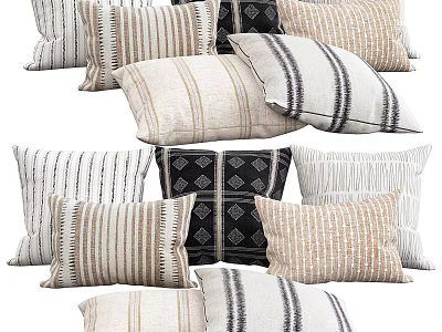 Decorative Throw Pillows Featuring Striped And Geometric Patterns In Neutral Beige Black White Tones 3d model