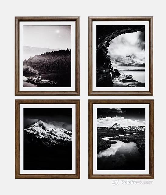 Framed Black And White Landscape Paintings With Mountain River Rock And Forest Scenery 3d model 