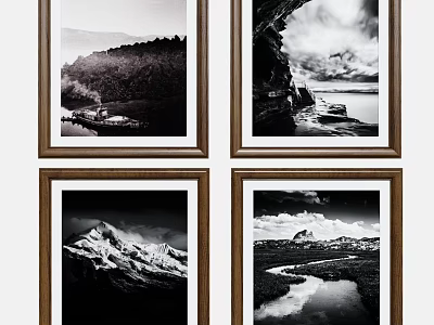 Framed Black And White Landscape Paintings With Mountain River Rock And Forest Scenery 3d model