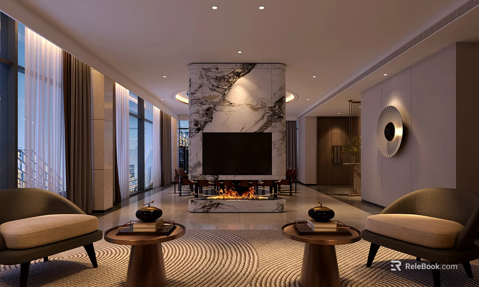 Luxurious Private Room Interior With Marble Feature Wall Fireplace TV Sofas And Floor-to-Ceiling Windows 3d model