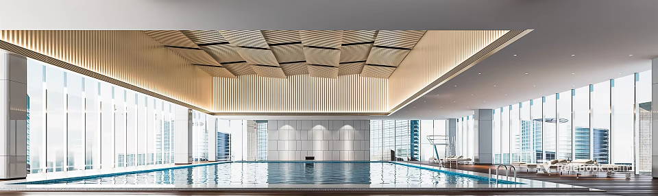 Modern Indoor Swimming Pool Interior Design With Stylish Ceiling And Large Windows 3d model