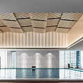 Modern Indoor Swimming Pool Interior Design With Stylish Ceiling And Large Windows 3d model