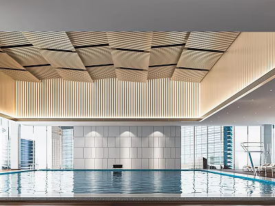 Modern Indoor Swimming Pool Interior Design With Stylish Ceiling And Large Windows 3d model