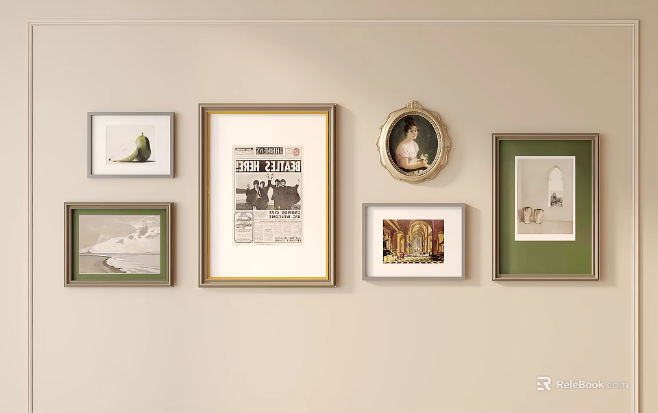 Various Framed Artworks On Beige Wall With Different Styles And Designs 3d model 
