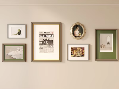 Various Framed Artworks On Beige Wall With Different Styles And Designs 3d model